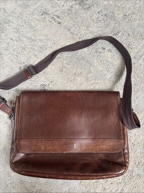 Shinola Brown Leather Messenger with Adjustable Canvas broken Strap